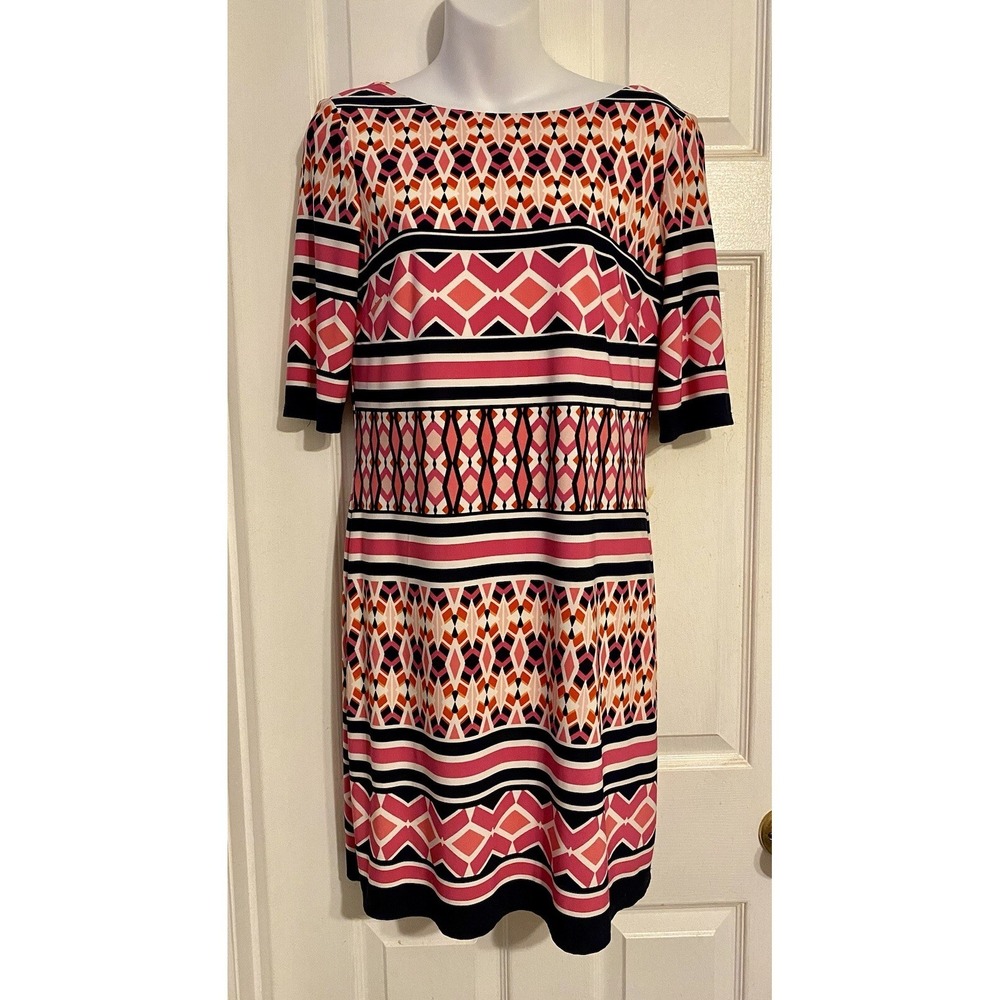 Eliza J Womens Shift Dress Size 6 Short Sleeves Black Pink White Striped Print